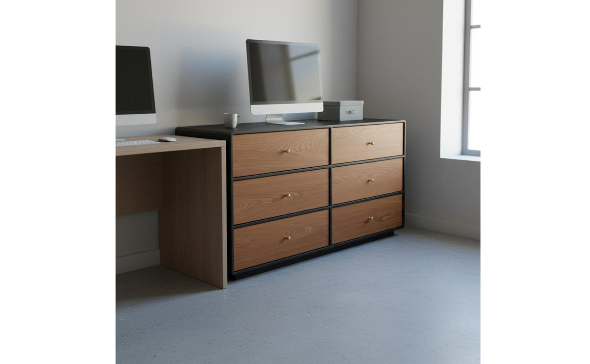 Solid Wood Construction 6-Drawer Dresser Vanity Combo Multi-Functional L-Shaped Makeup Table Multifunctional Extendable Makeup Table Rotatable for Women