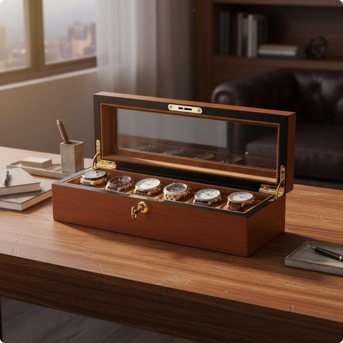 Wooden Watch Display Box Golden-Hued Hardware Watch Display Box Front Latch