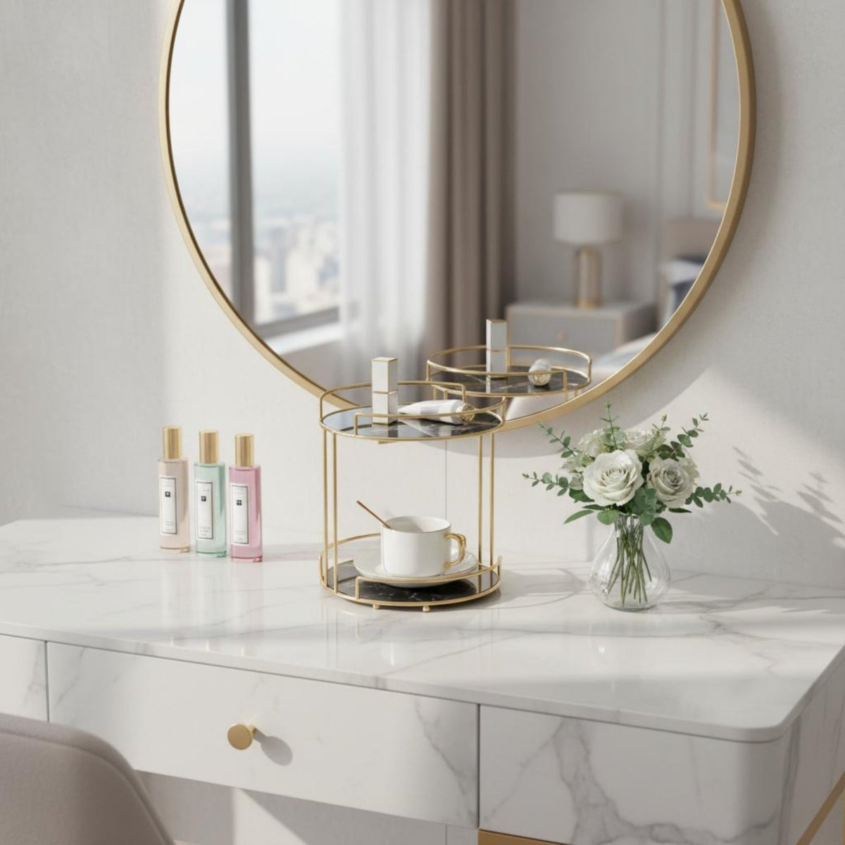 2-Tier Makeup Organizer Long-Lasting Gold Metal Vanity Shelf Marble Pattern