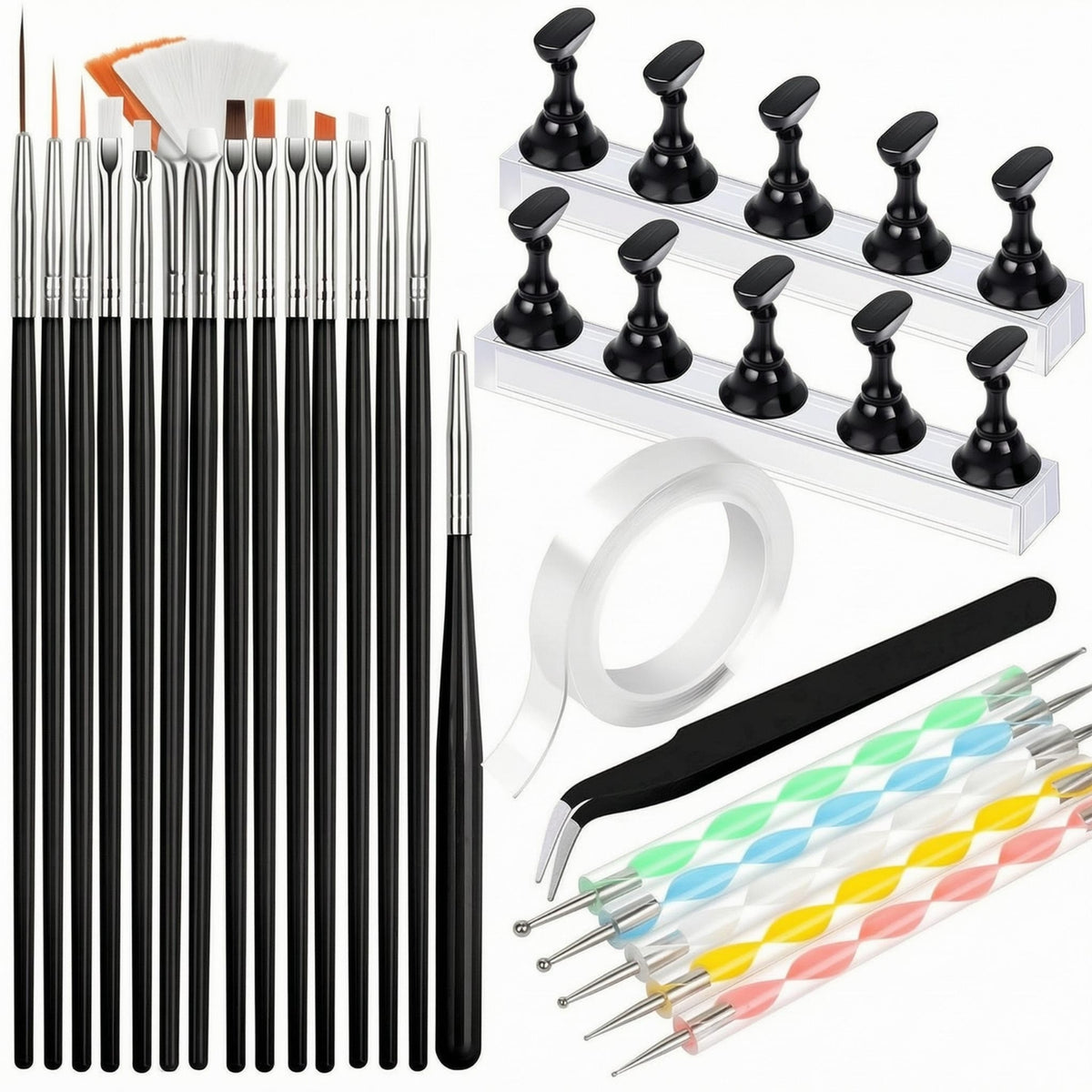 24 Pieces Nail Art Practice Kit Long-Handled Beauty Tools Flat Bristles