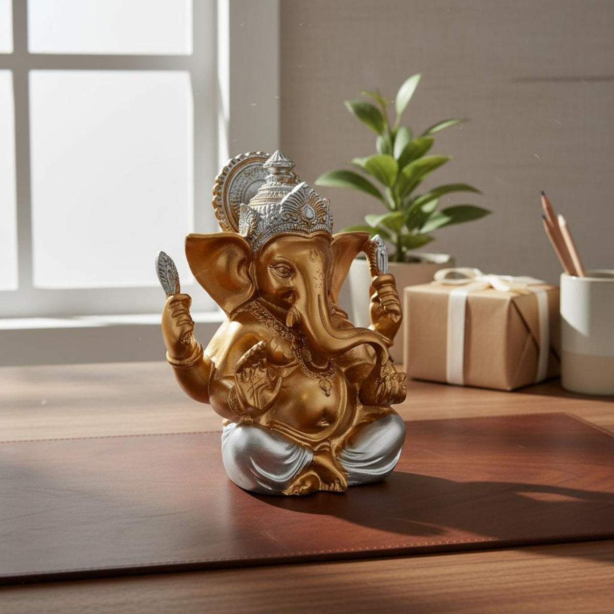 Gold Elephant God Idol Long-Lasting Resin Craftsmanship Elephant God Statue Ganpati Idol Intricate Features House Decoration
