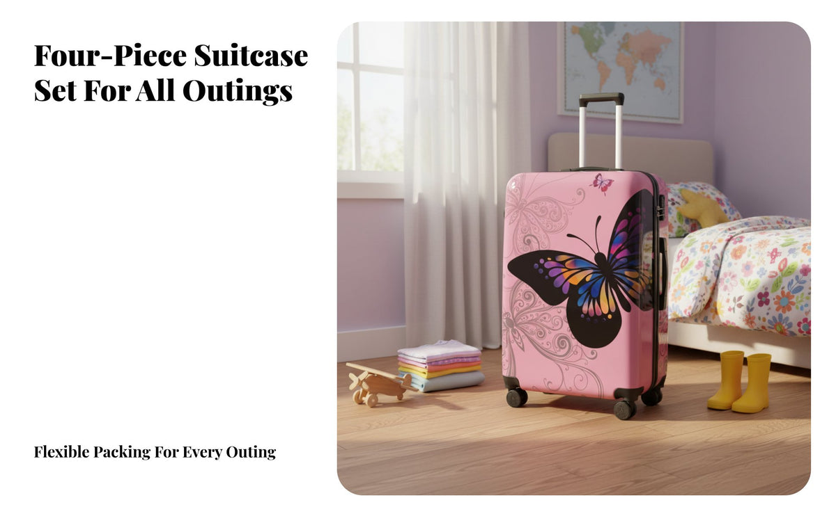 2 Pieces Butterfly Print Hardshell Trolley and Vanity Case Built-in Combination Lock Hardshell Set Telescopic Handle Suitcase Lightweight for Children, Families, Travelers, Boarding, Vacation, Airport