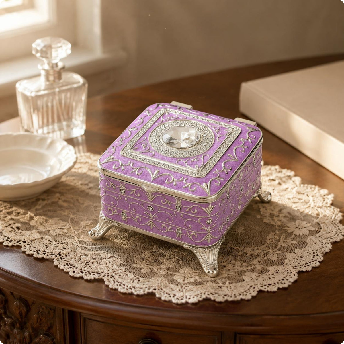 Vintage Jewelry Box Rhinestone Border Ornate Metal Jewelry Box Hinged Lid