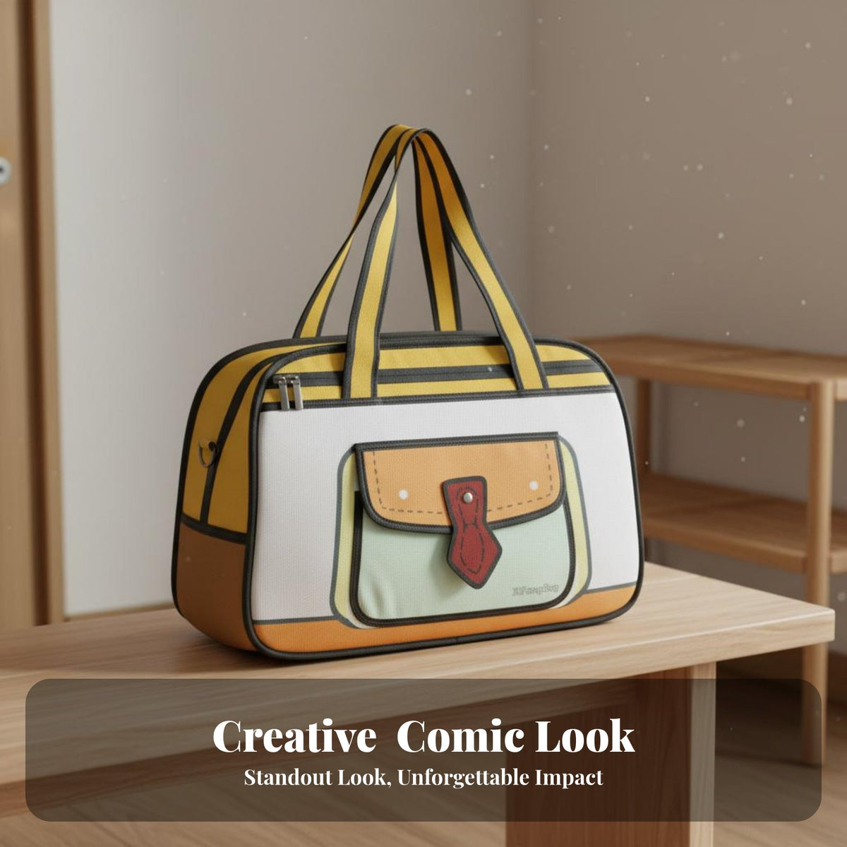 Large Capacity 2D Cartoon Illusion Bag Water Textile Flat Design Handbag Laptop Compartment for Women, Students