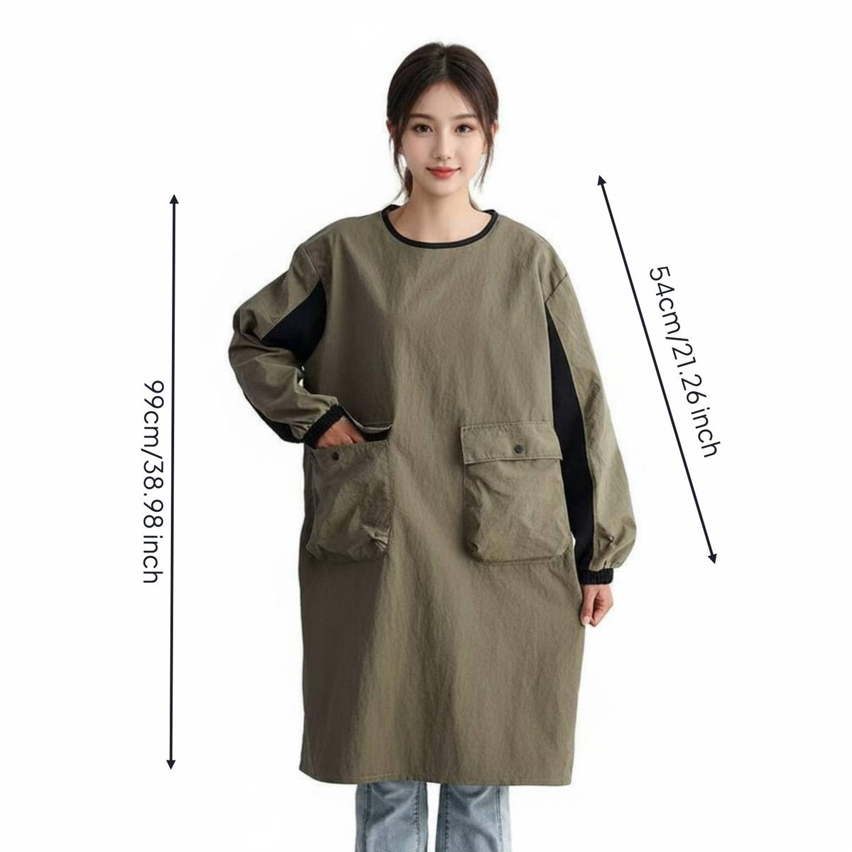 Long Sleeve Smock Large Pockets Waterproof Work Gown Elastic Cuffs for Baristas