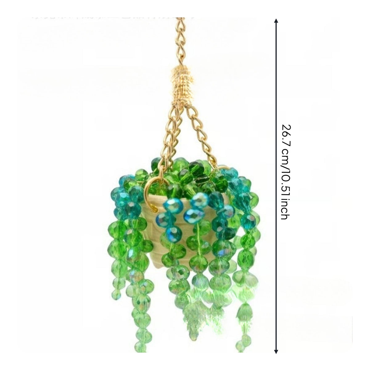 Decorative Beaded Succulent Charm Green Rearview Mirror Charm Gold-Tone Hanging Car Plant Sparkling for Drivers