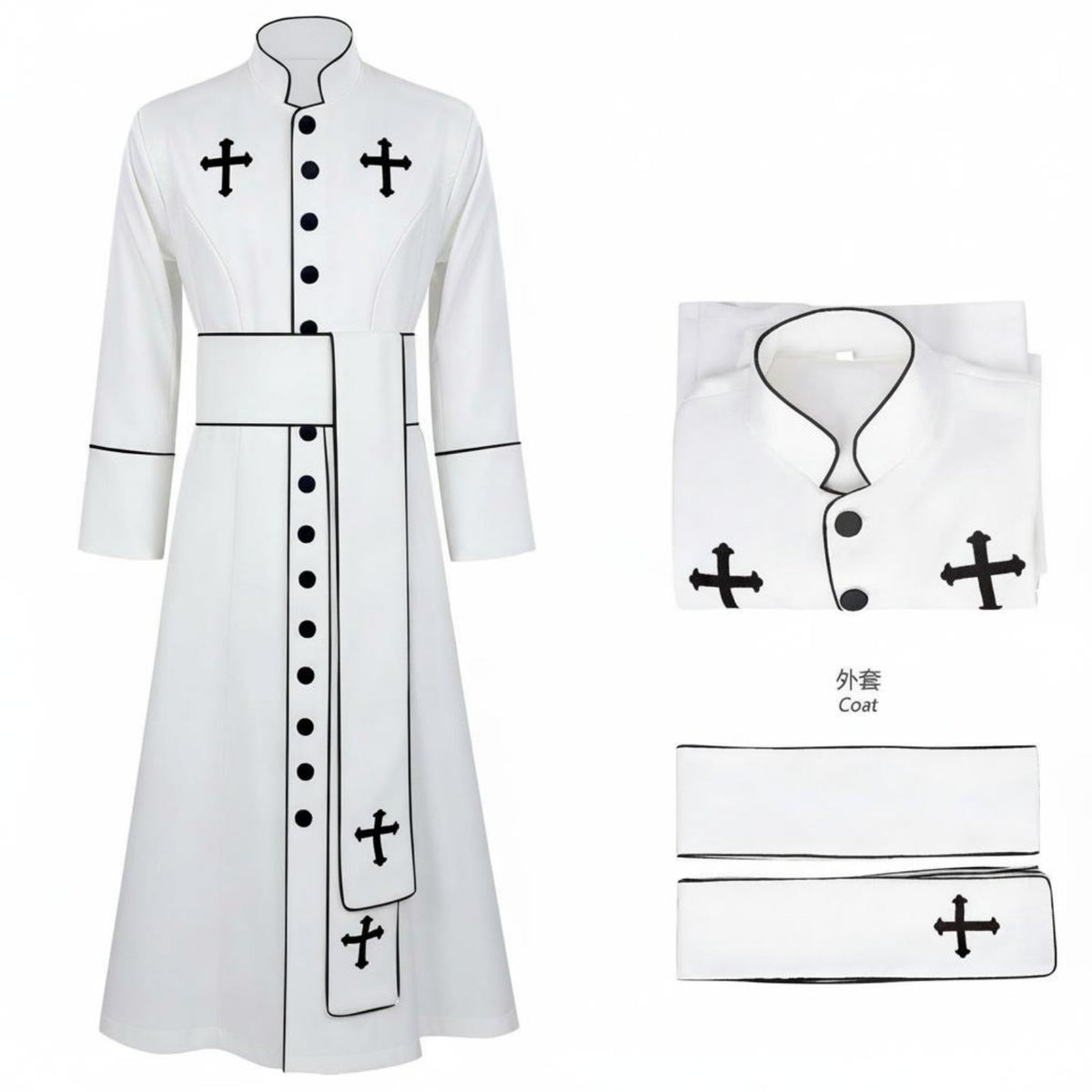 Cross Print Priest Robe Includes Matching Belt Long Sleeve Priest Cassock Contrast Trim Medieval Cleric Uniform for Stage Performance