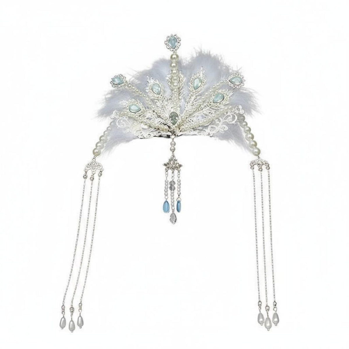 Ancient Design Feather Headdress Long Tassels Tassel Hair Crown Chinese Costume Headpiece Artificial Feathers Crystals Tone