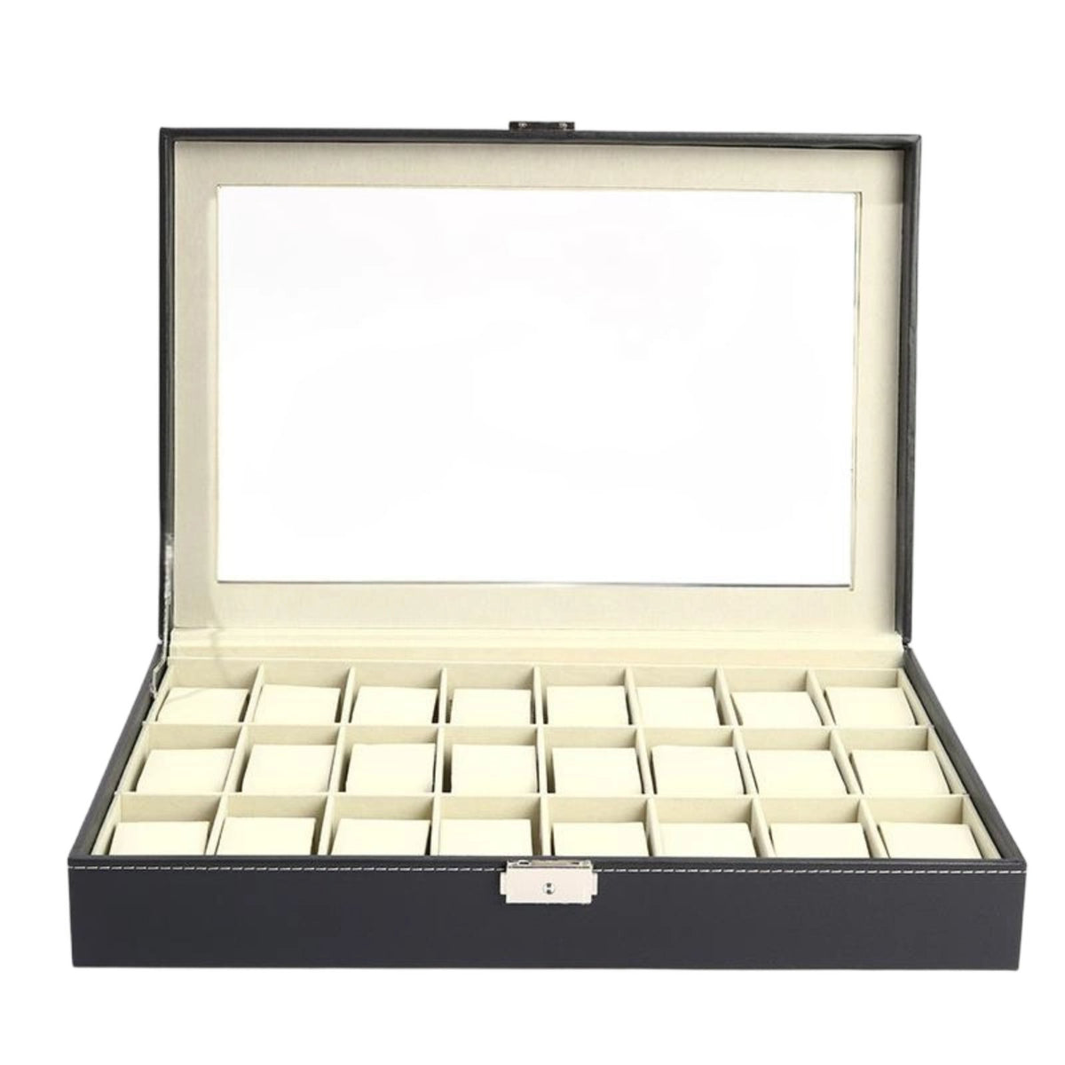 24 Compartment Watch Box Soft Lining Watch Display Case with Glass Top Removable Pillows Water-Resistant for Men