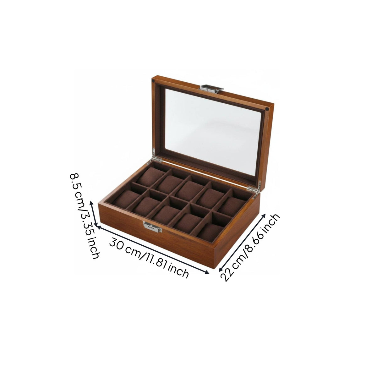 10-Slot Watch Box Soft Compartments Glass-Top Watch Case Dust Protection