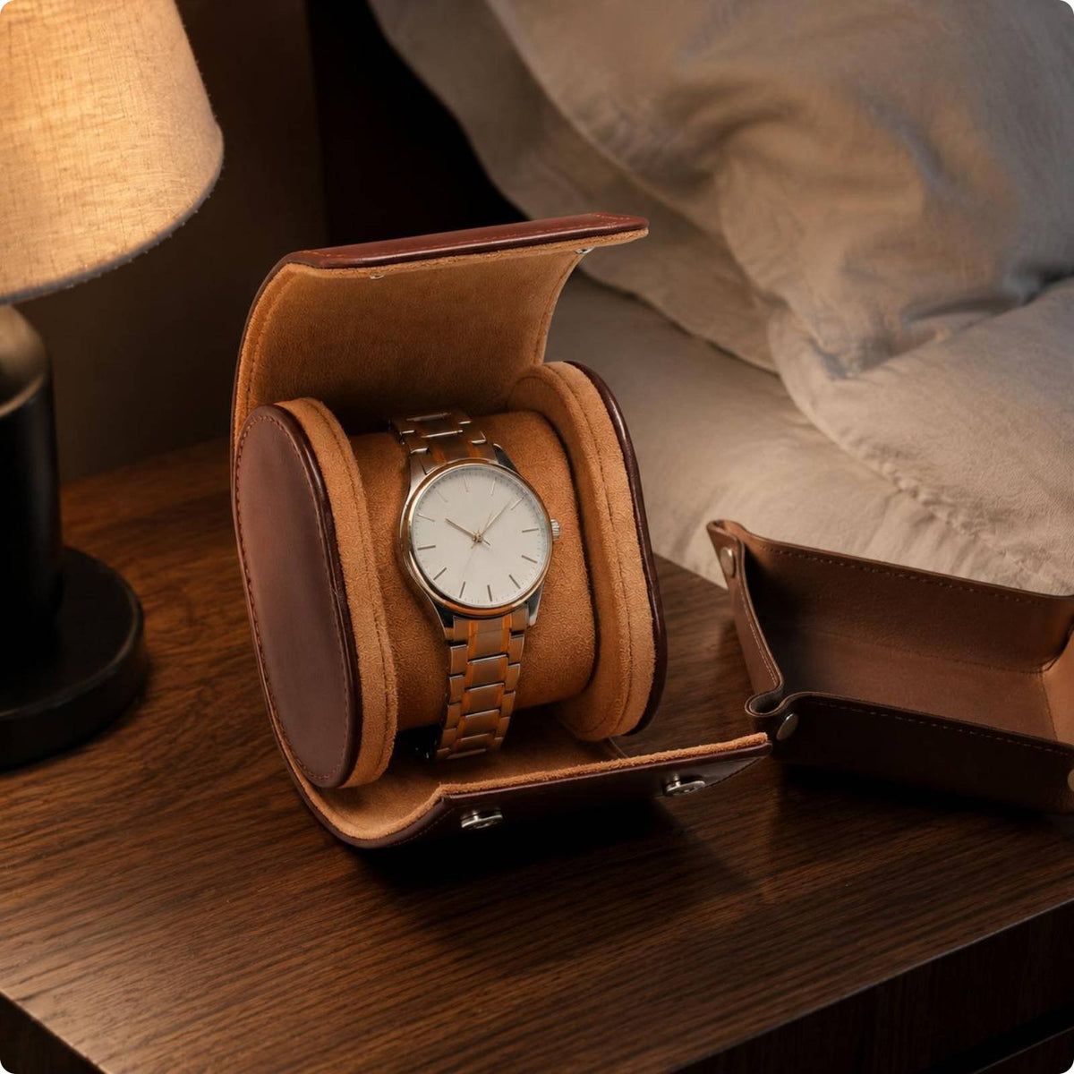 Portable Wristwatch Case PU Leather Watch Storage Box Glossy Brown