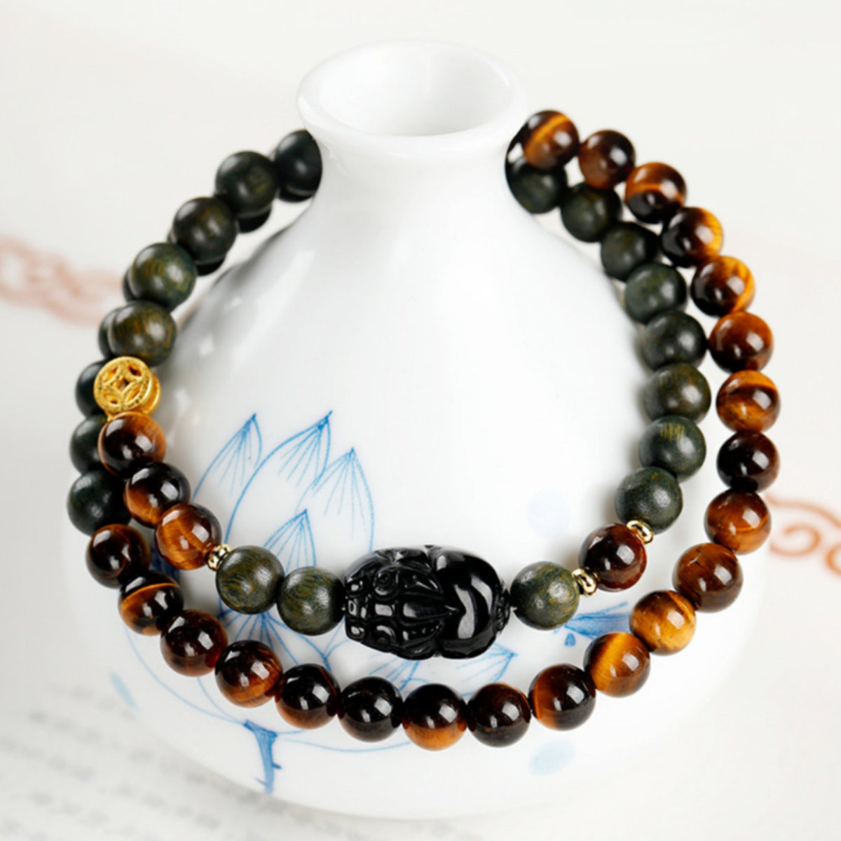 Amber-Brown Stone Bead Bracelet Meditation Aid Obsidian Mala Beads for Gift
