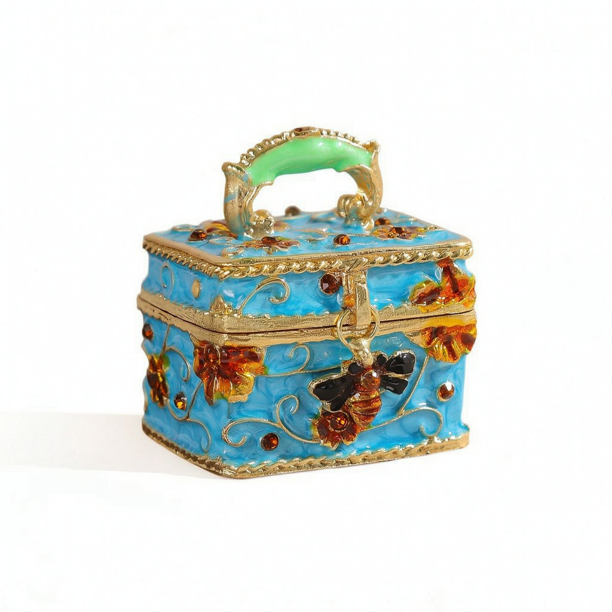 Mini Jewelry Box with Handle Gold-Tone Enamel Jewelry Box Gift for Vanity, Girls