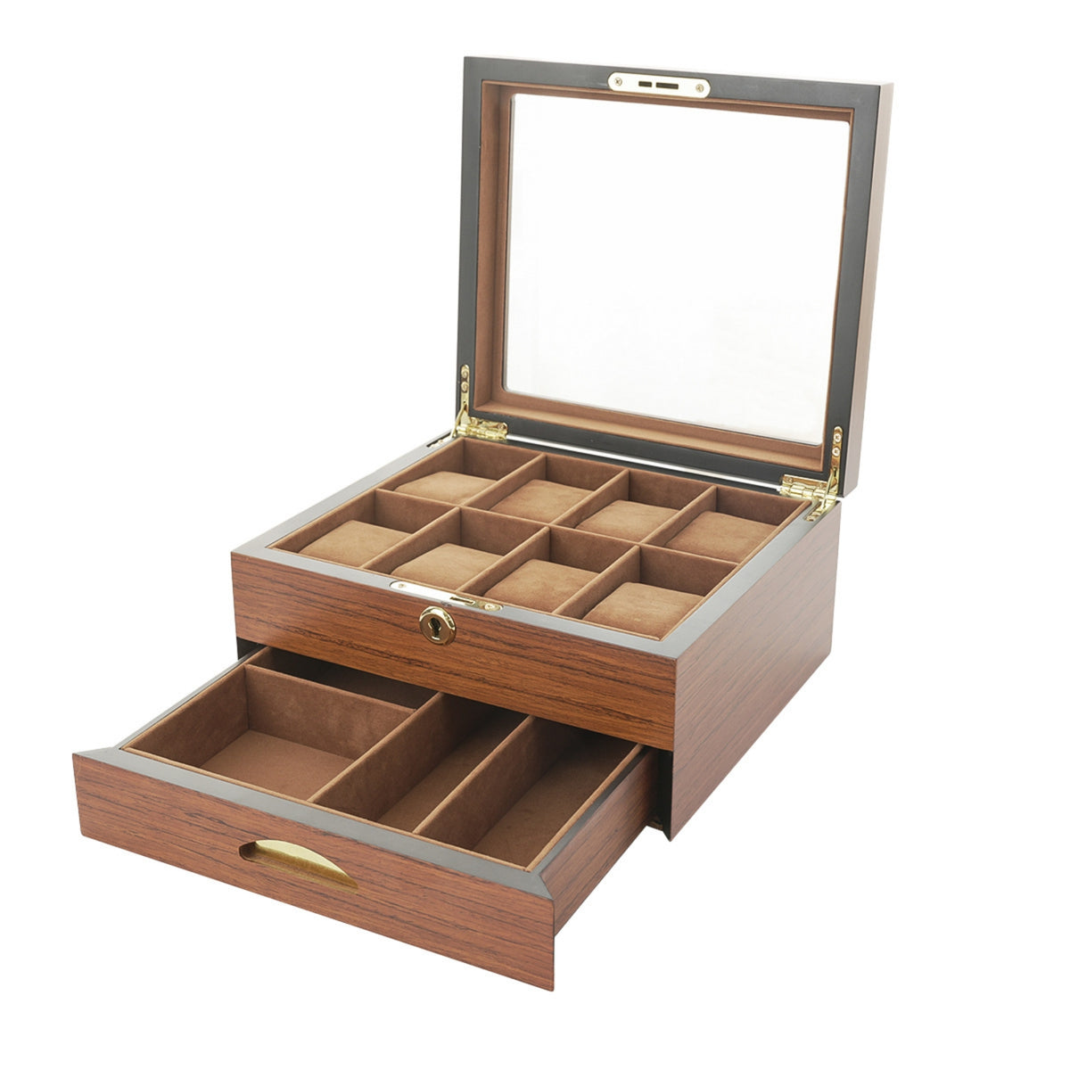 Two-Layer Watch Box Pull-out Drawer Lockable Watch Organizer Gold-Tone Hardware