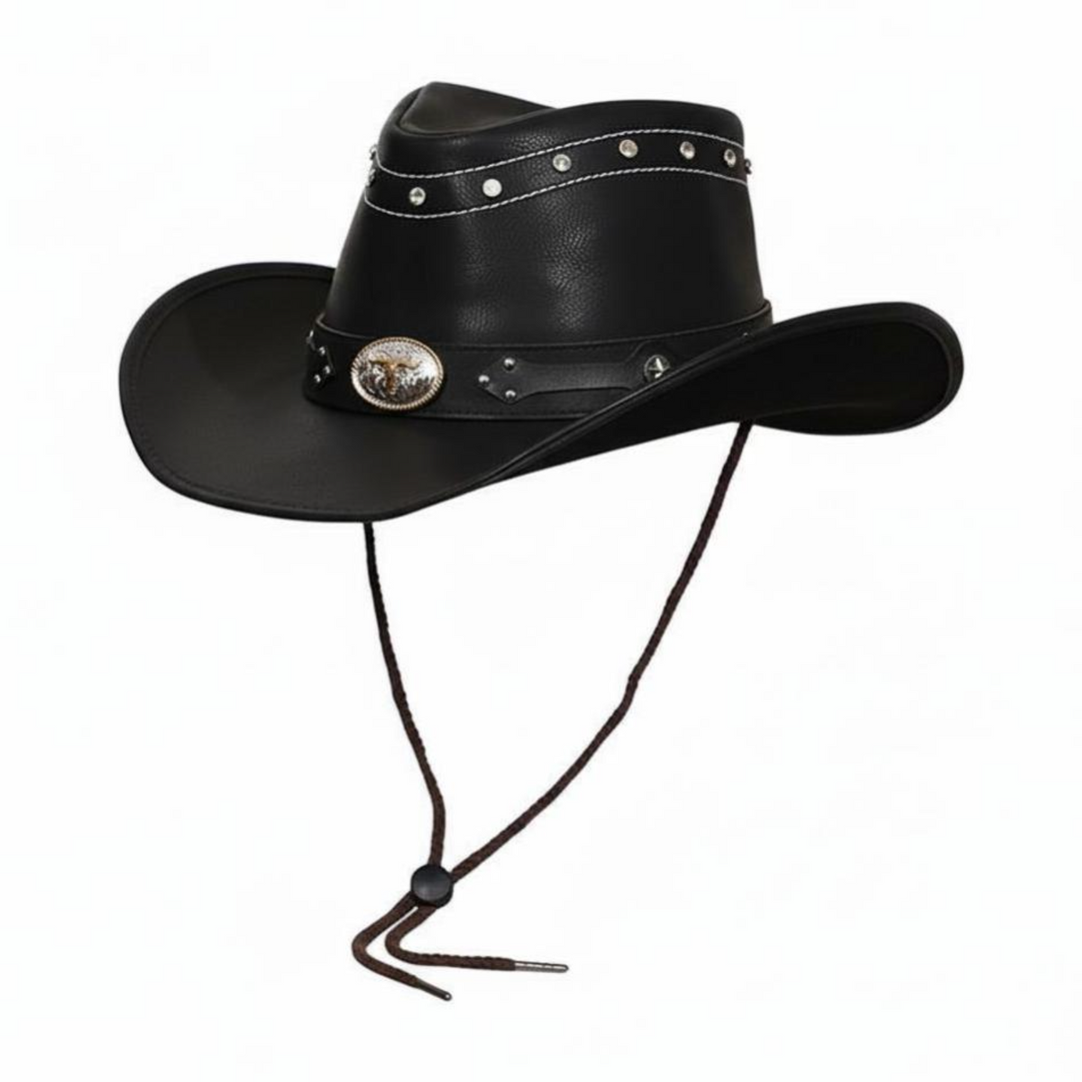 Wide-brim leather sun hat shields sun.
