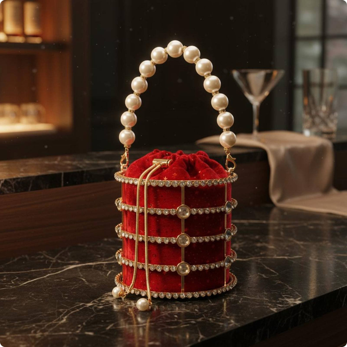 Velvet Evening Pail Bag Shimmering Pearl Handle Pail Bag Party Ready for Women