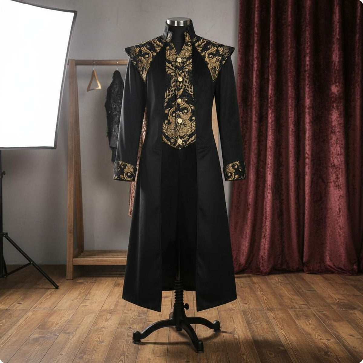 Medieval Steampunk Tailcoat Ornate Gold Embroidery for Cosplay