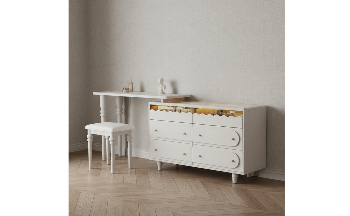 Vintage French Design Extendable Dressing Table Large Storage Capacity Retractable Makeup Table with Chest Multi-Functional Solid Wood Vanity Desk 3 Color Adjustable LED Light for Small Spaces