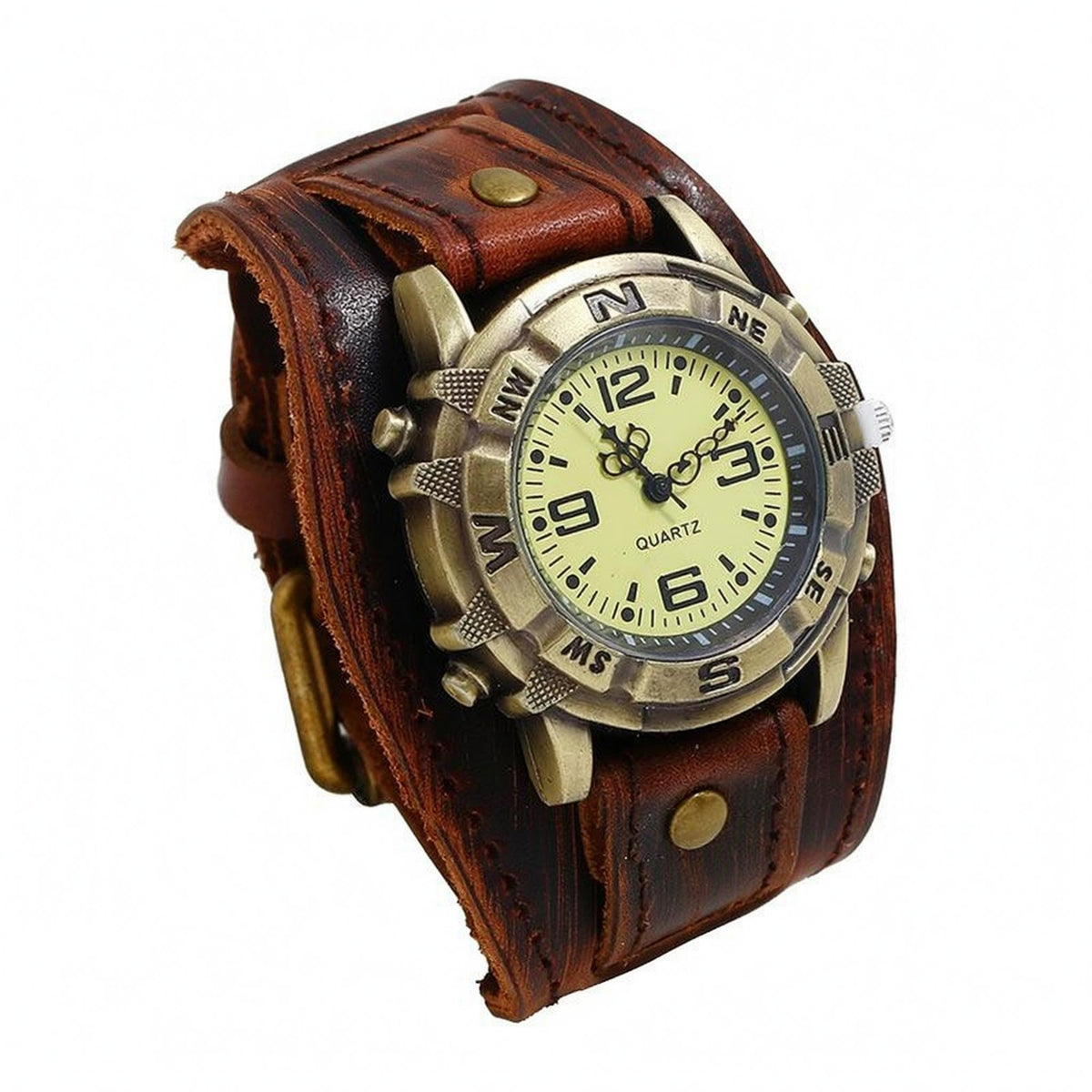 Studded Leather Watch Round Dial Vintage Punk Watch Alloy Case