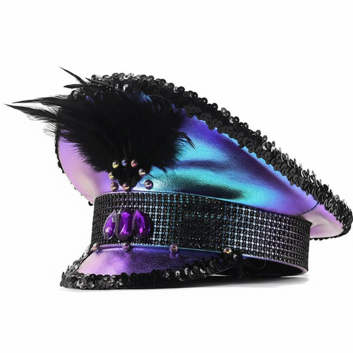 Glitter Naval Officer Hat Crystal Party Hat Iridescent Cap Feather Embellished Cap for Event Attendees, Event S, Raves