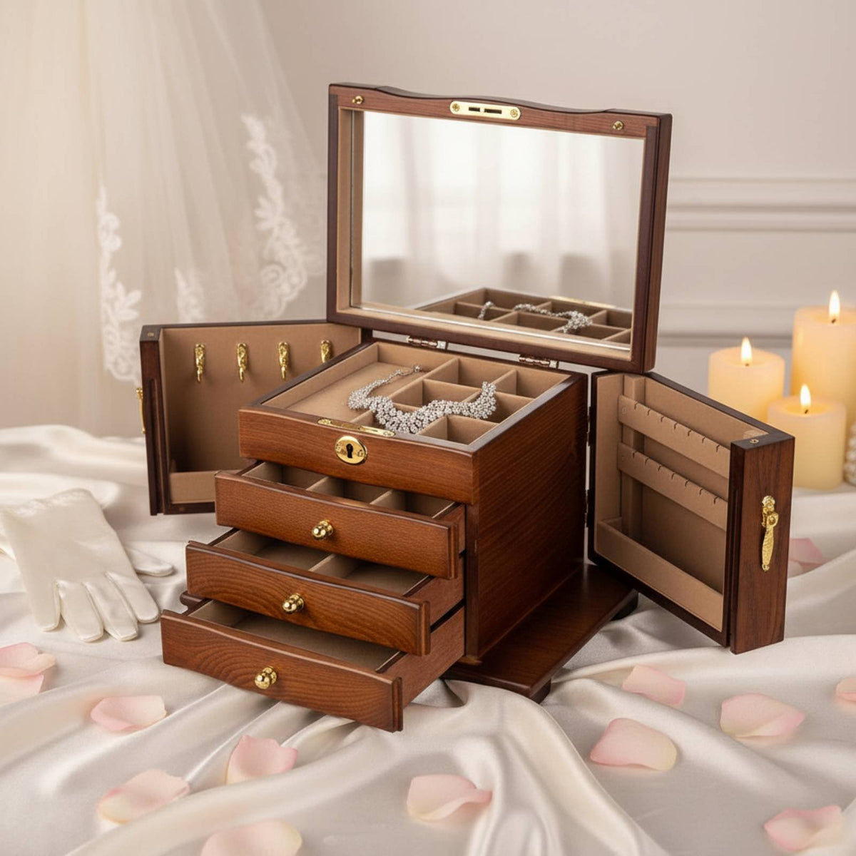 Wooden Jewelry Box Vintage Design Jewelry Box with Mirror Lock and Key