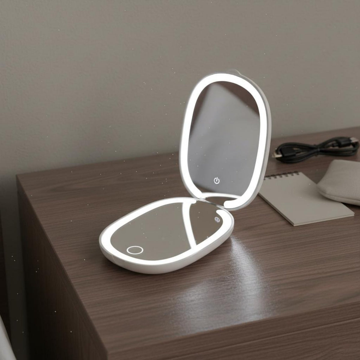 LED Pocket Mirror Foldable USB Rechargeable Makeup Mirror Dimmable Light