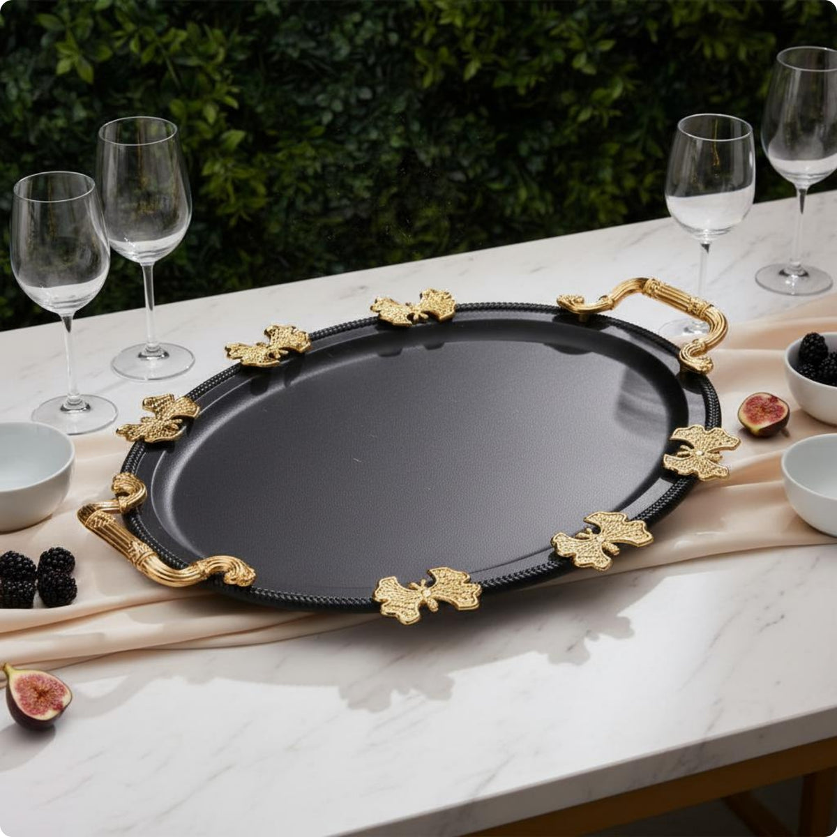 Black and Gold Tray Ornate Handles Oval Metal Tray