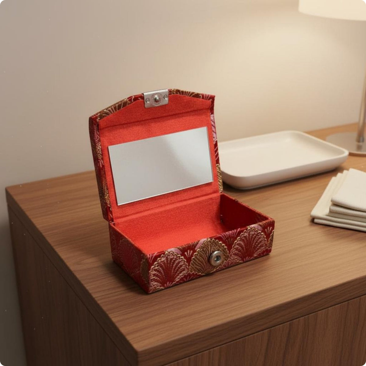 Brocade Lipstick Case Button Closure Mirror Lipstick Holder Gift Ready Portable Cosmetic Storage Box for Everyday Purse Use