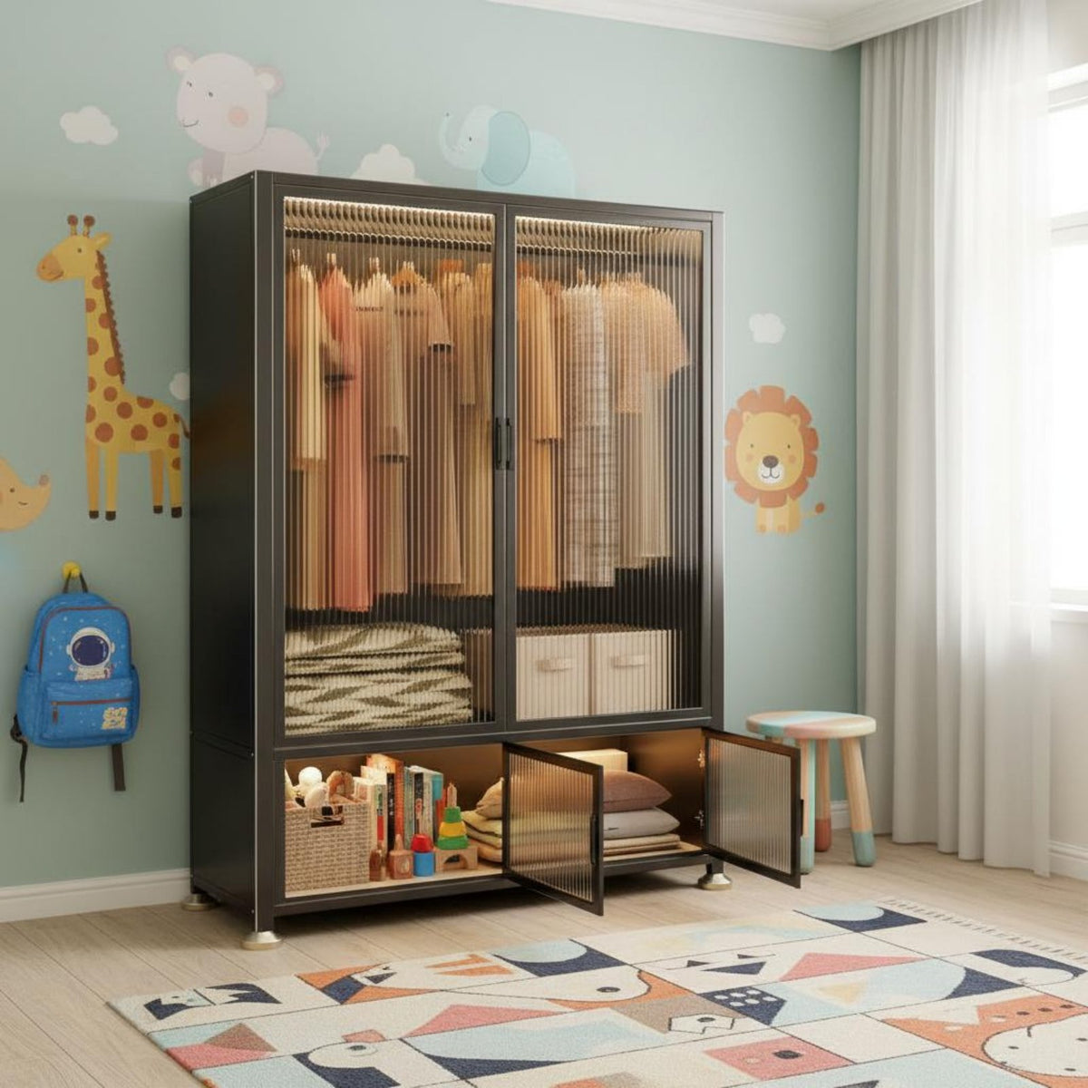 Adjustable Metal Wardrobe Easy to Clean Metal Storage Locker Clothing Organizer Attractive Doors Bedroom Furniture for Children