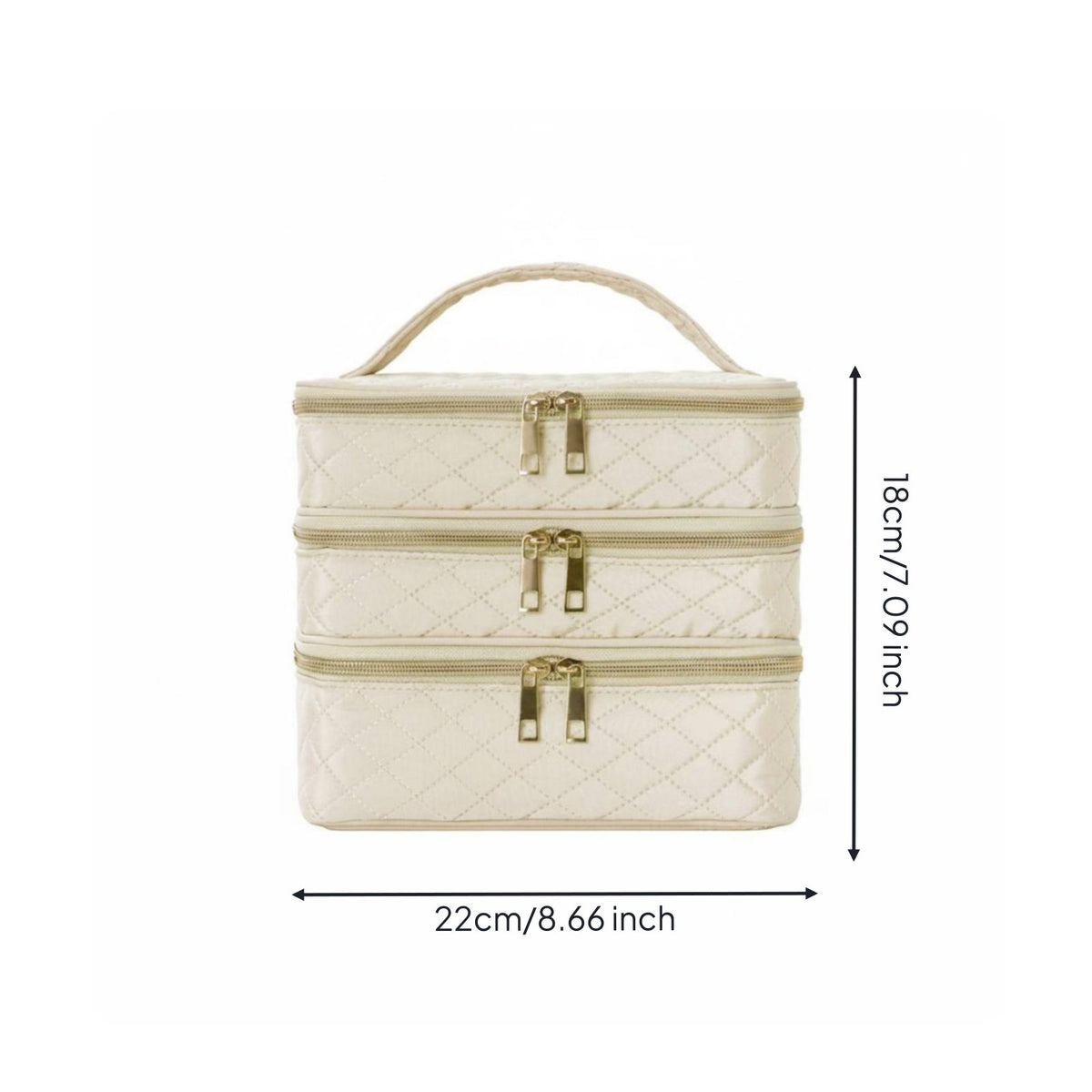 3-Layer Makeup Case Double Zipper Quilted Cosmetic Organizer for Business Trip