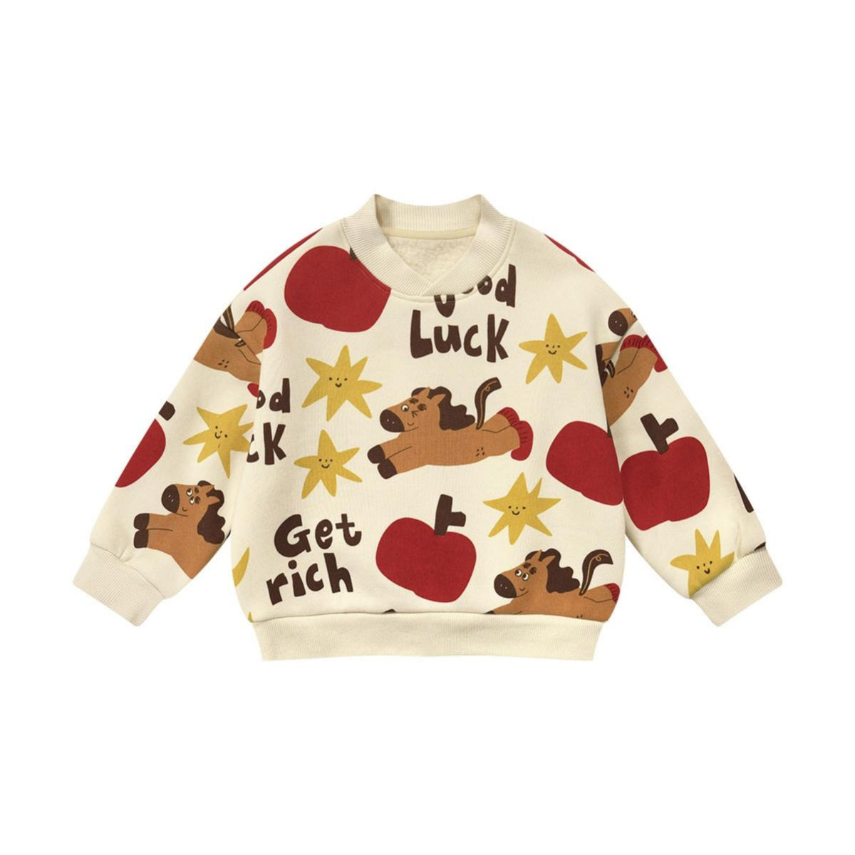 Unisex Kids Fleece Sweatshirt, Horse Year New Year Pullover, Thick Cartoon Top, Red Holiday Outfit