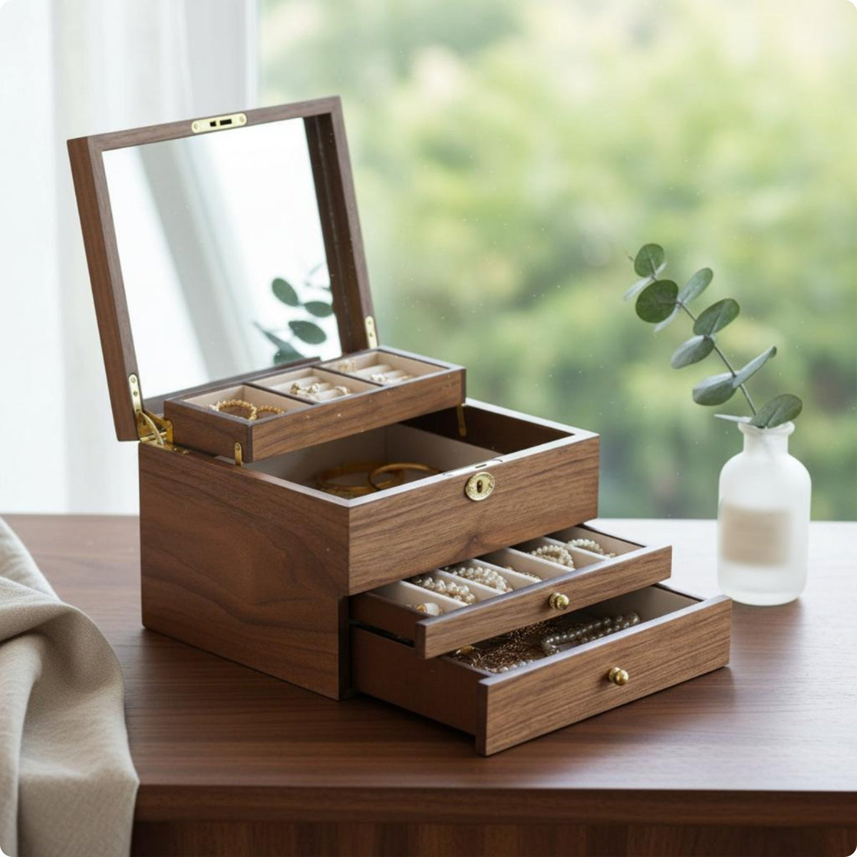 Multi-Layer Jewelry Case Large Capacity Band and Earring Box Mirror Lid