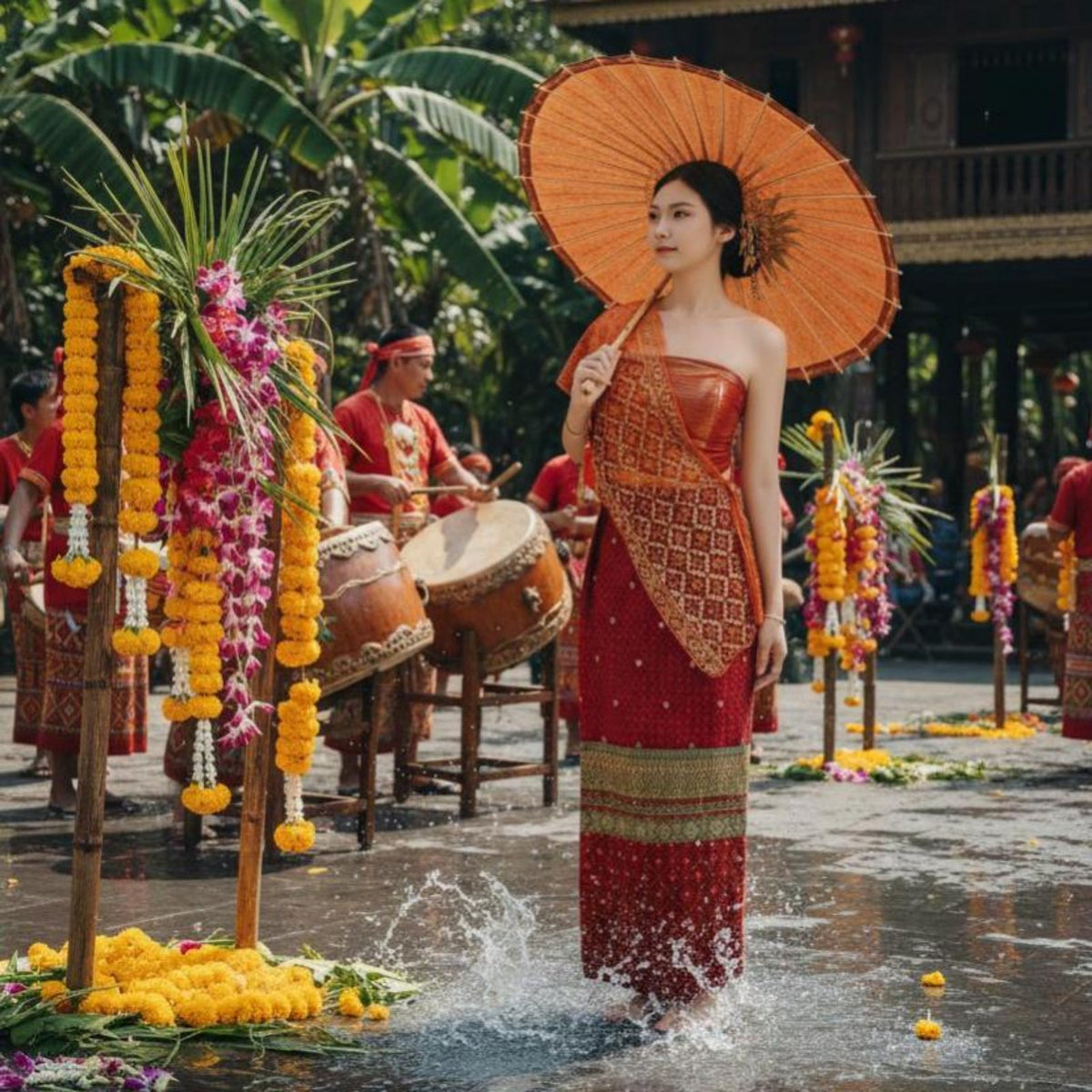 Dai Ethnic Women's Red Traditional Dress, Thai Style, Water Festival, Spa Reception, Studio Outfit