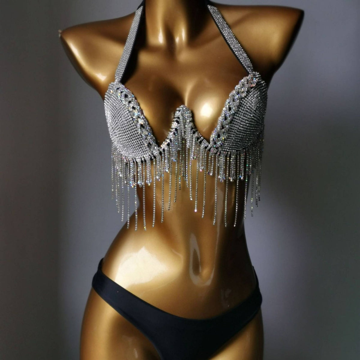 Adjustable Straps Rhinestone Tassel Bikini Push Up Design Shimmering Nightclub Bikini for Dancers, Young Adults, Nightclubs, Club