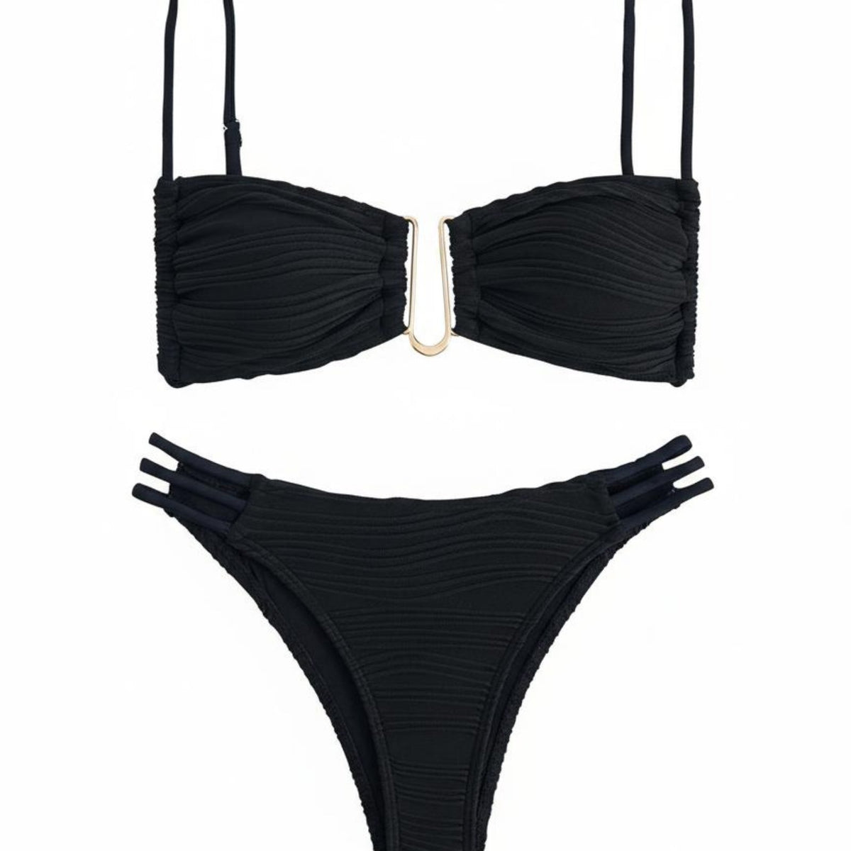 Alluring Design Ruched Bikini Set Removable Pads Ruched Bandeau Bikini Adjustable Straps for Young Adults, Vacation, Sunbathing