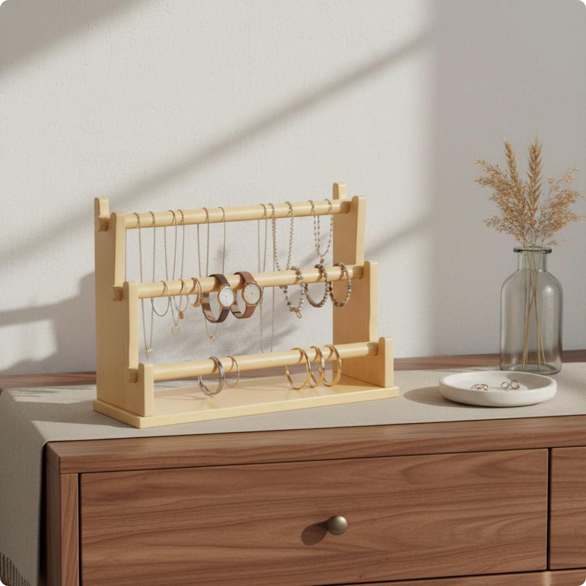 Tiered Bracelet Display Rack Solid Wood Bracelet Holder 2 Tier for Vanity