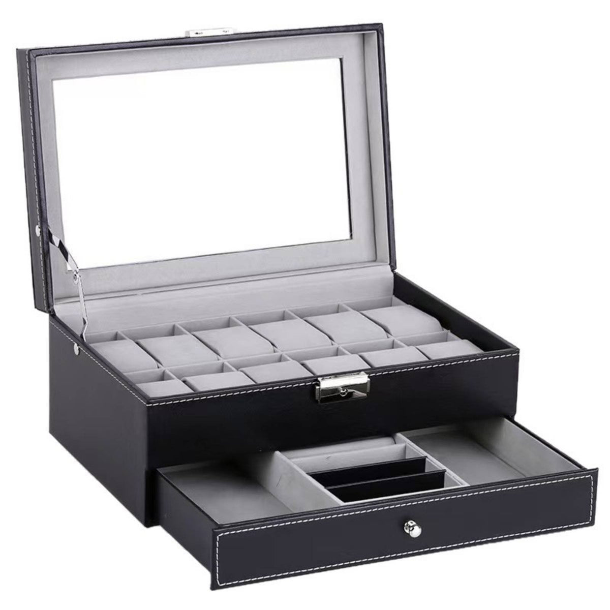 2-Tier Watch and Jewelry Box Debris-Resistant-Resistant 2-Tier Jewelry Organizer Men's Valet Box Secure Metal Clasp for Women