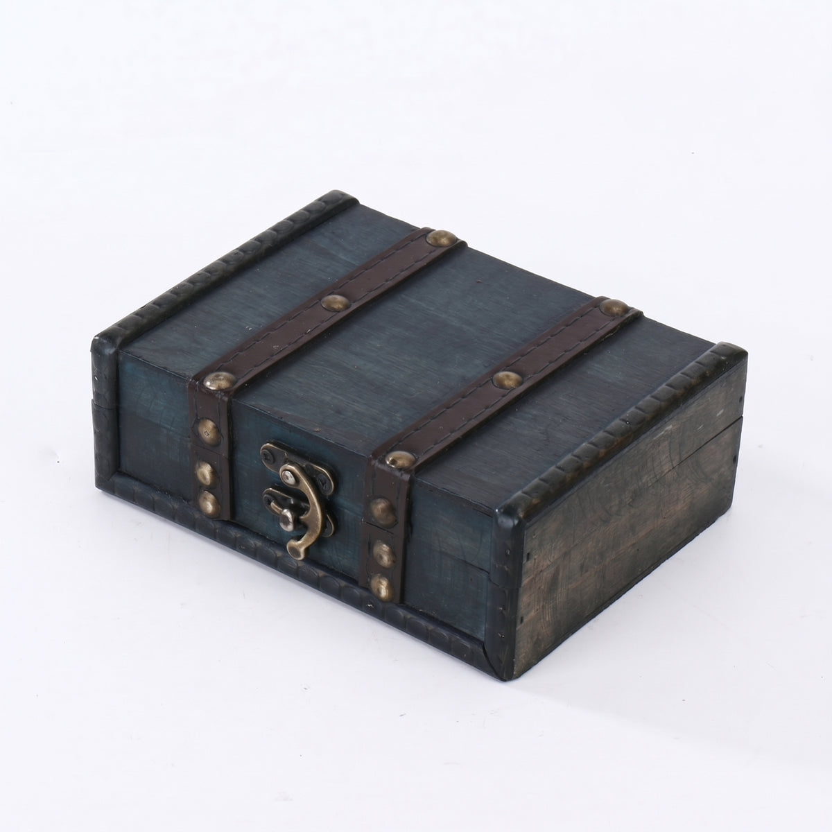 Vintage Jewelry Box Brass-Tone Nails Dark Blue-Black Wooden Jewelry Box