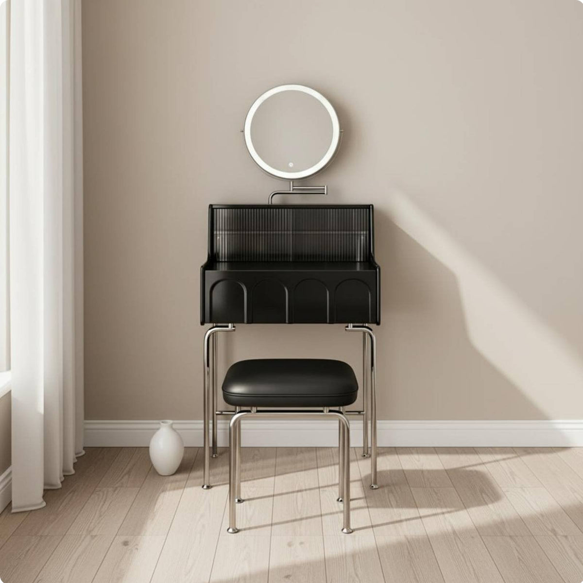 Retro Dressing Table with Stool Sturdy Wood Wooden Makeup Vanity with Drawers Modern Vanity Desk with Illuminated Mirror