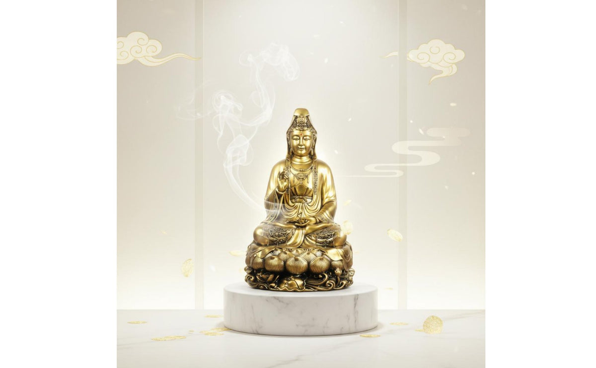 Peace Blessing Guanyin Statue Gold Finish Golden Guanyin Figurine Ornate Details Deity of Mercy Sculpture Detailed Carving for Office Desk