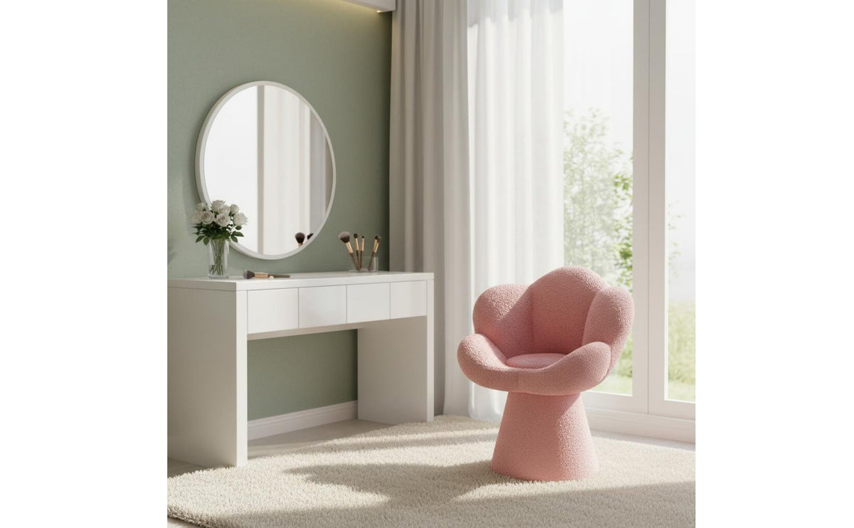 Ergonomic Backrest Swivel Makeup Chair Sturdy Frame Flower Petal Chair High-Density Foam Filling Soft Teddy Material for Women, Girls, Bedroom, Nail Salon