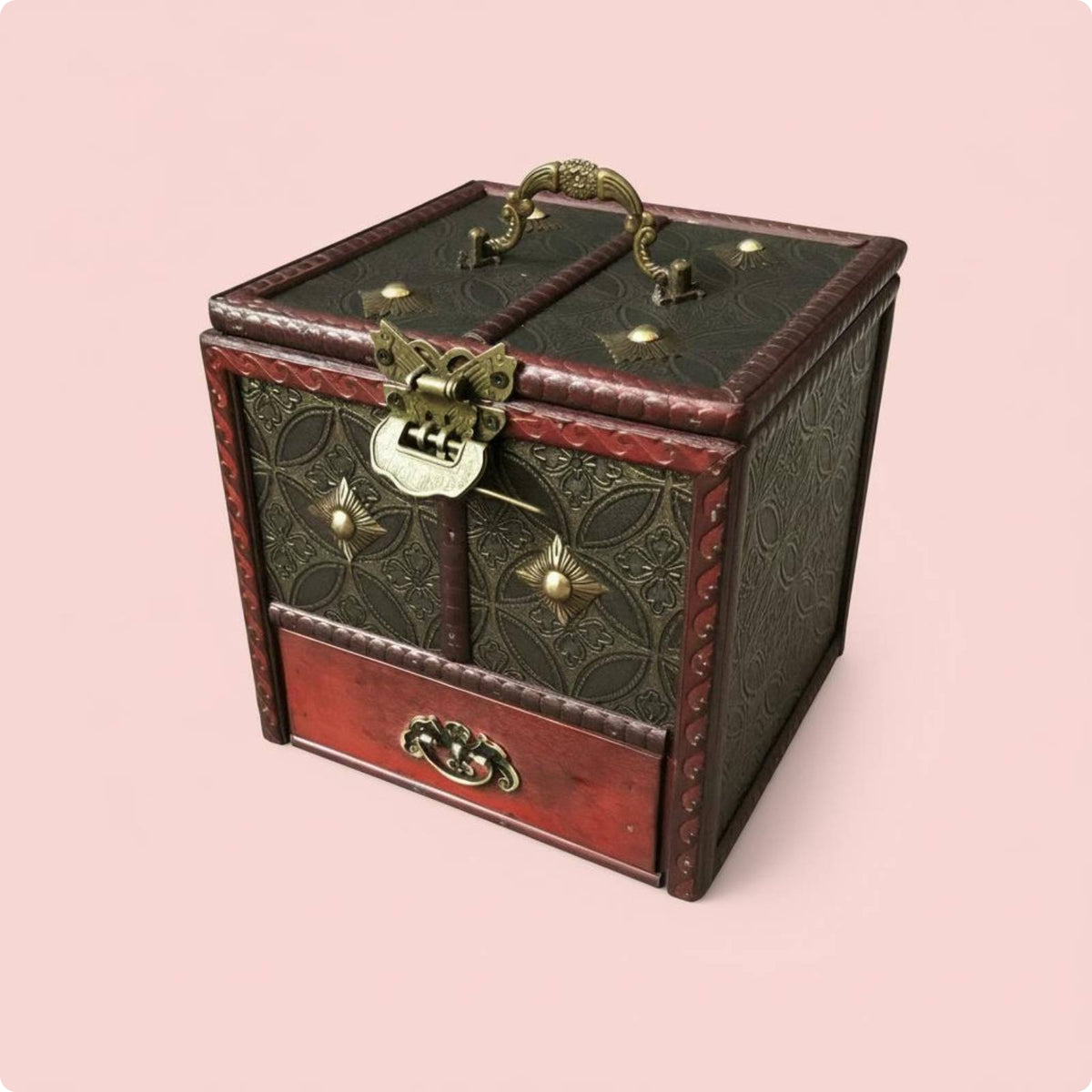 Vintage Wood Jewelry Box Embossed Floral Storage Item Multiple Drawers