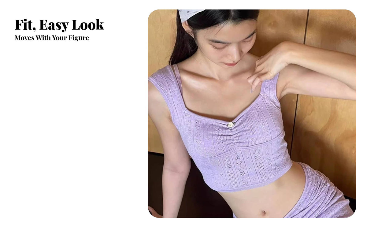 Knit Hollow Sweet Fairy Set, Women's navy lavender, Beach holiday openworkfit, Detachable Chest Pad