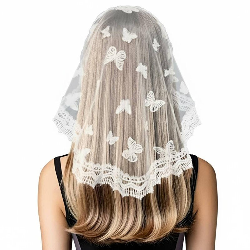 Cream Lace Headscarf, Single Ply, Floral Embellishment Ceremony