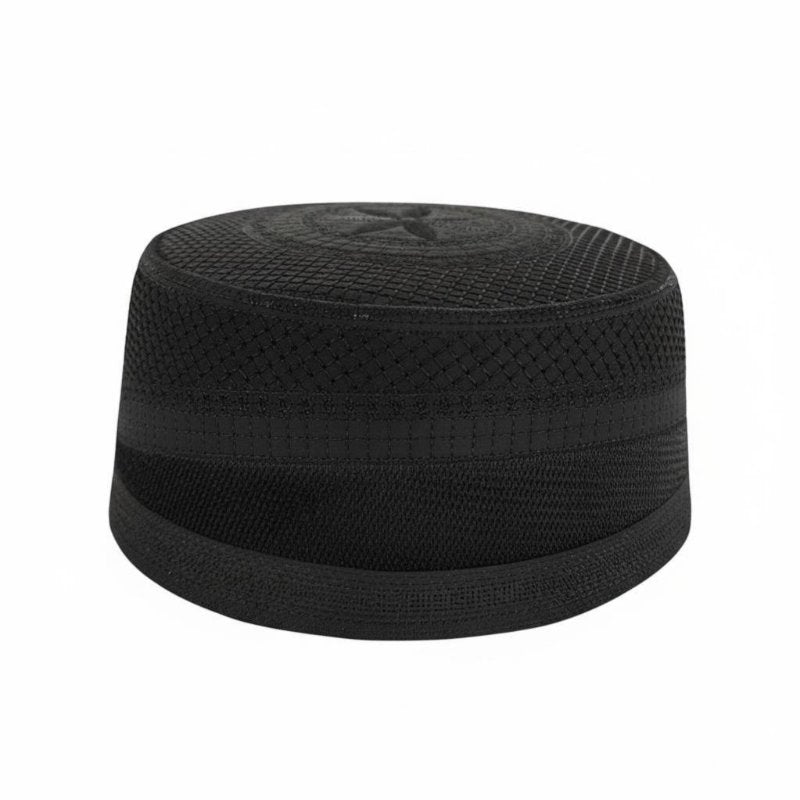 Geometric Embroidered Hui Cap, Men's Black Flat Top Prayer Hat