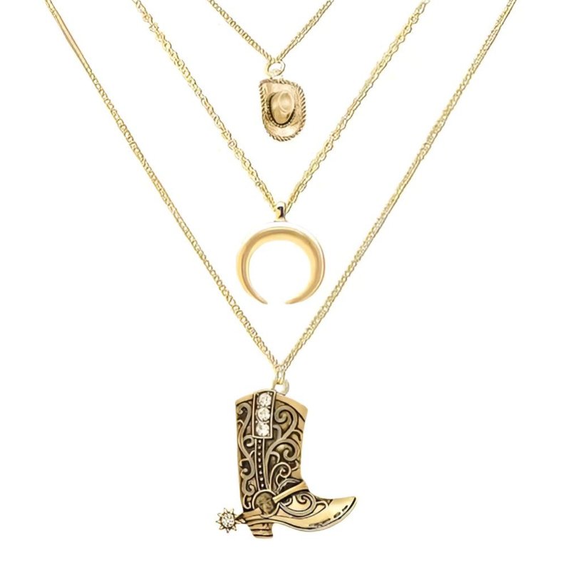 Cowgirl Western Layered Necklace, Bohemian Ox Head, Half-Moon Pendant