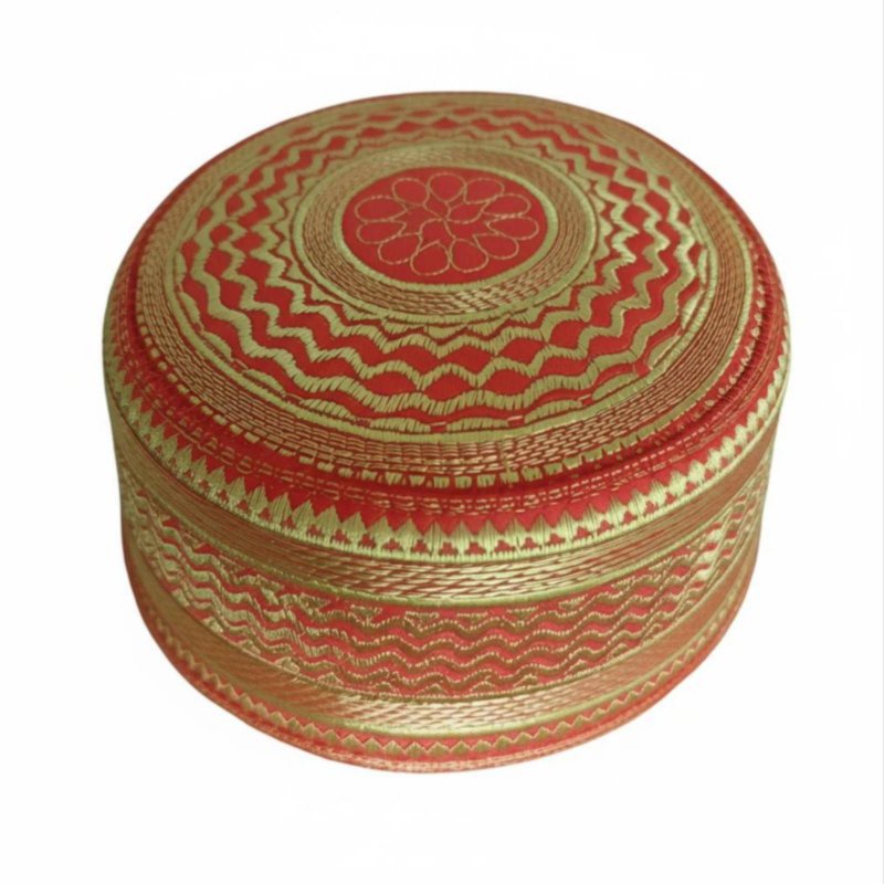 Festive Red Gold Embroidered Hat, Chinese Style, Muslim Prayer, Unisex, Small