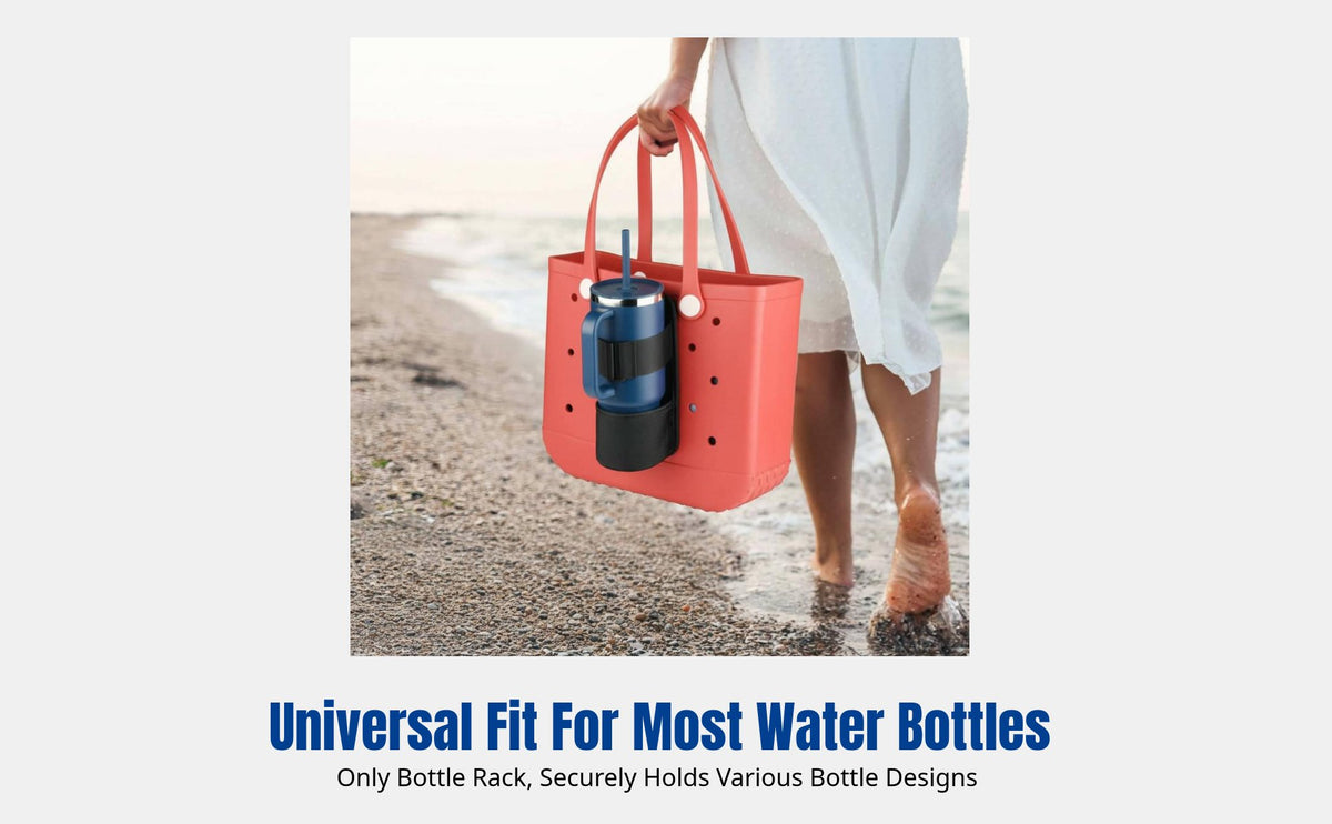 Water Bottle Holder Compatible with Bogg Bag, Side Organizer, Black Oxford, Strap Attachment, Travel Use