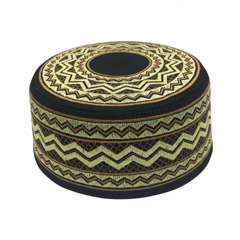 Men's Embroidered Flat Top Prayer Cap, Ethnic Floral Pattern, Traditional Muslim Headwear