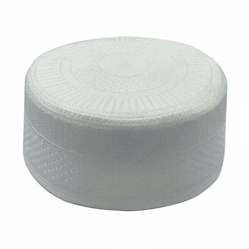 Men's Muslim Prayer Cap, Flat Top Embroidered Hat, Navy Base with Cream Thread, Breathable Polyester, Traditional Design